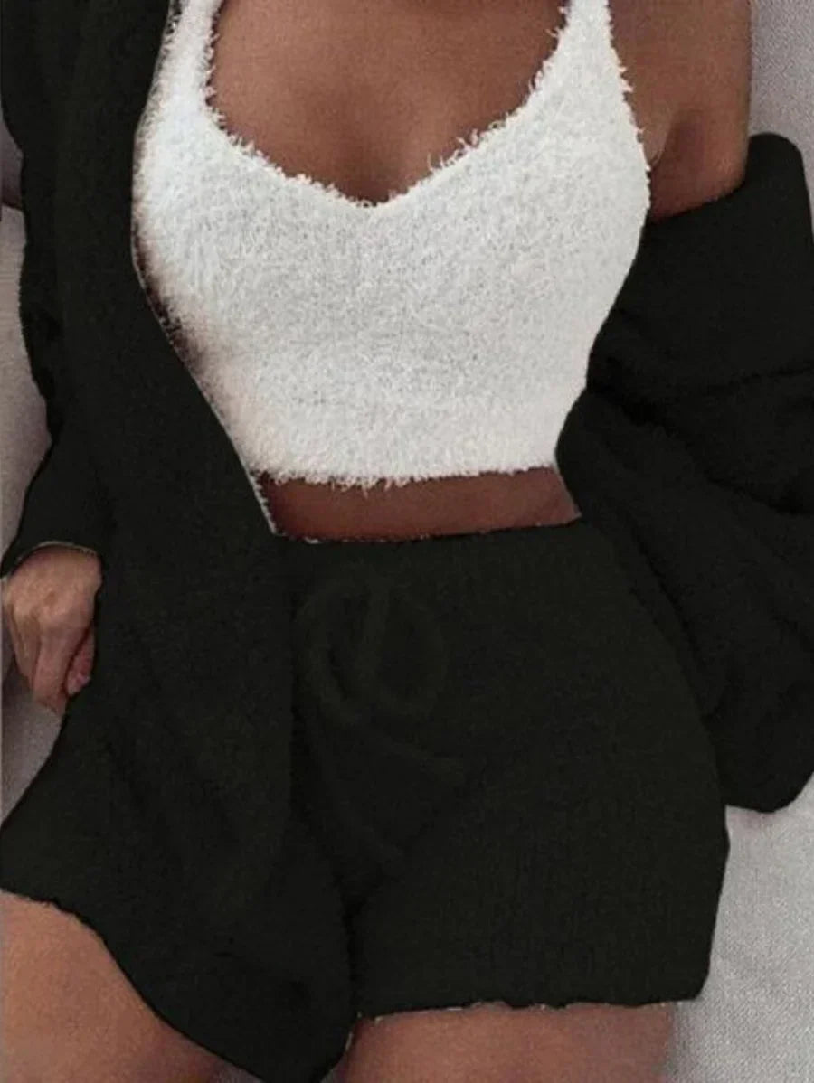 Cozy Knit Sets Crop Top, Shorts, Long Coat 2