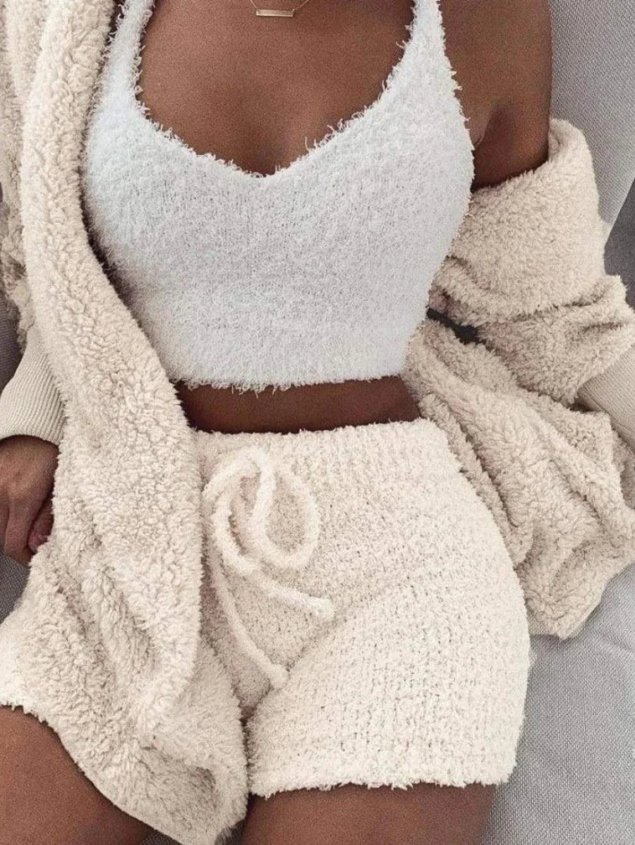Cozy Knit Sets Crop Top, Shorts, Long Coat 3