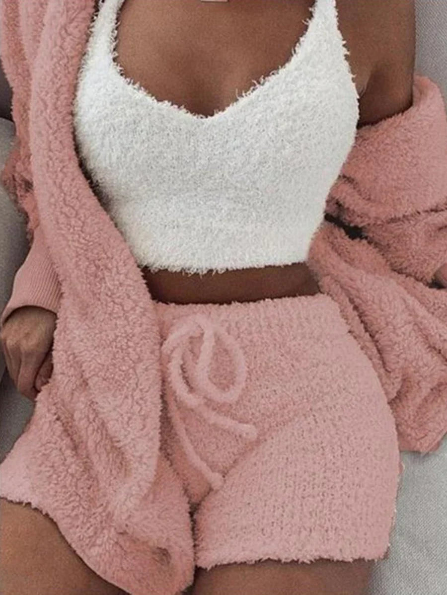 Cozy Knit Sets Crop Top, Shorts, Long Coat 5