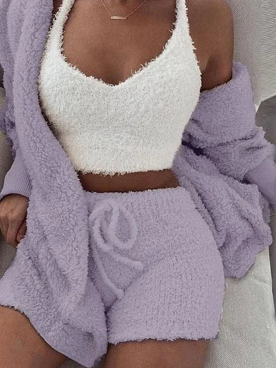 Cozy Knit Sets Crop Top, Shorts, Long Coat 4