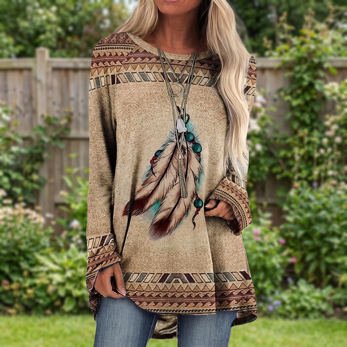 Aztec Print Feather Graphic Round Neck Long Sleeve Tunic Top 5