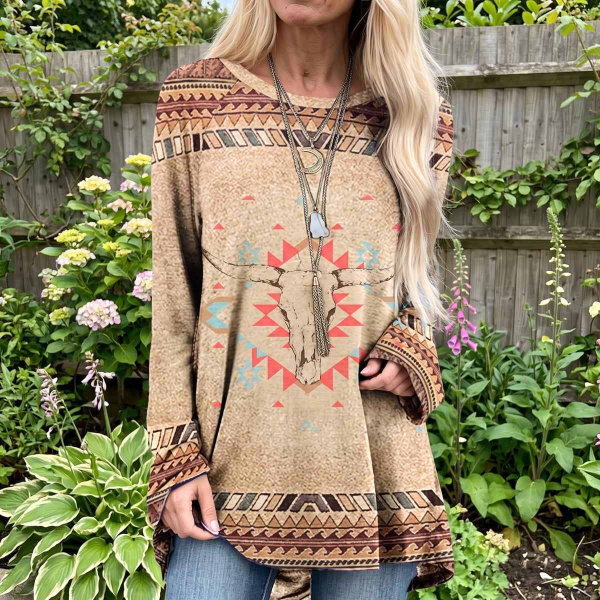 Aztec Print Feather Graphic Round Neck Long Sleeve Tunic Top 8
