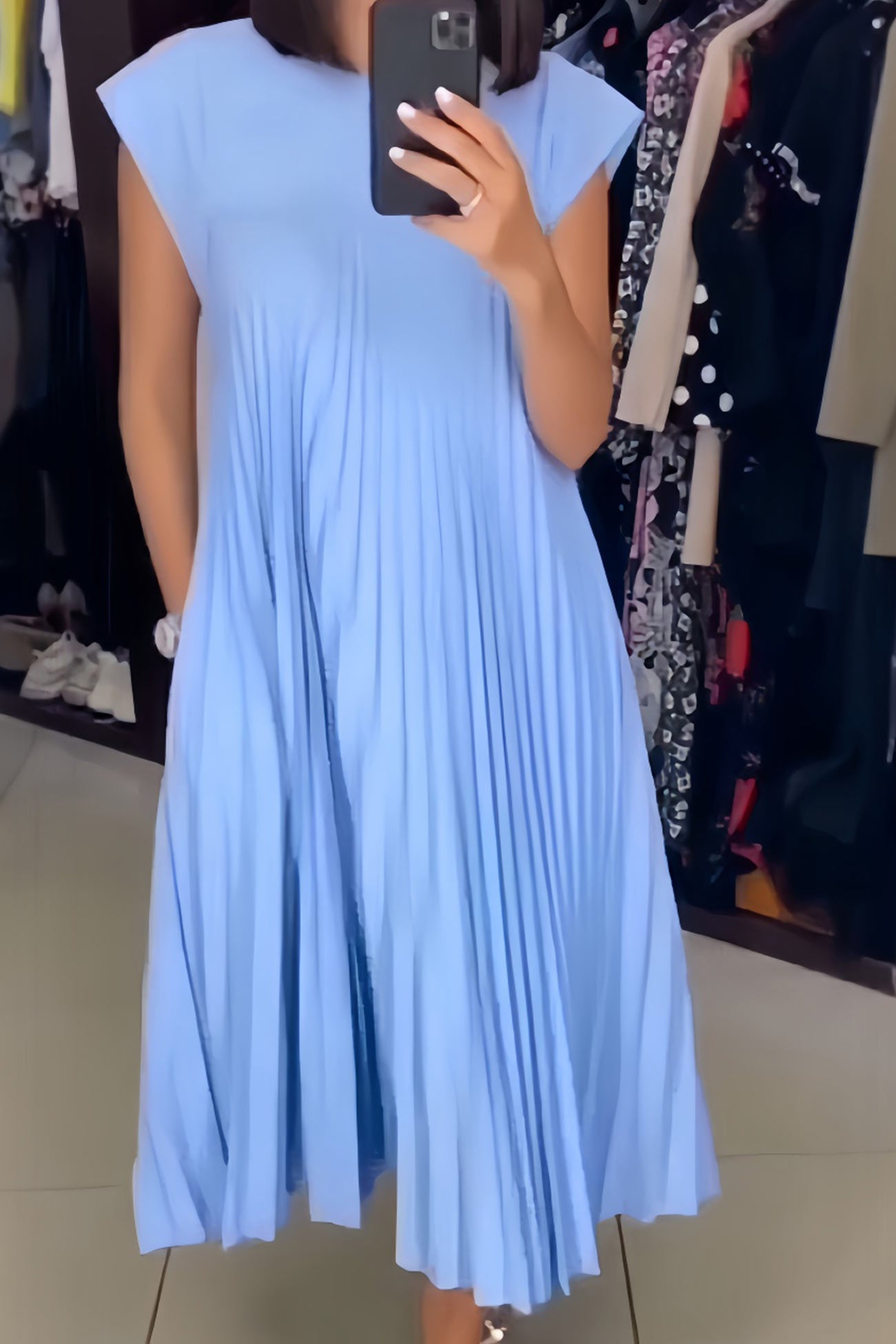 Crew Neck Cap Sleeve Pleated Dress - Fashionpara