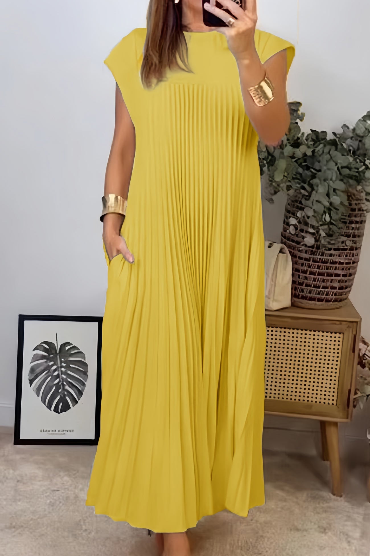 Crew Neck Cap Sleeve Pleated Dress - Fashionpara