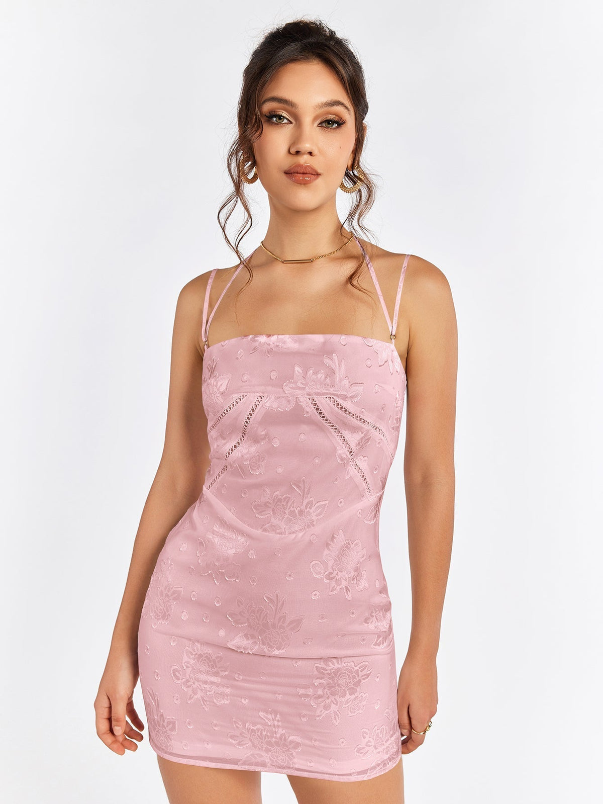 Spaghetti Strap Square Neck Floral Jacquard Bodycon Mini Dress