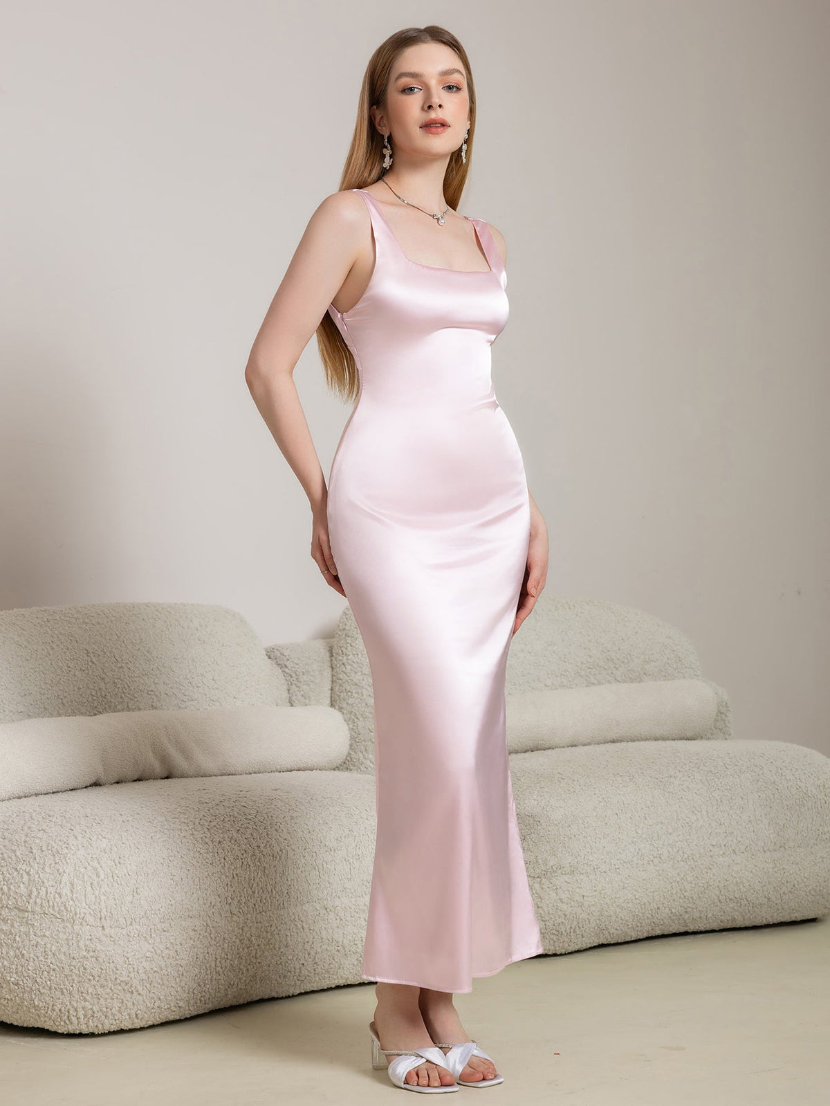 Crisscross Back Square Neck Satin Long Dress - View 3