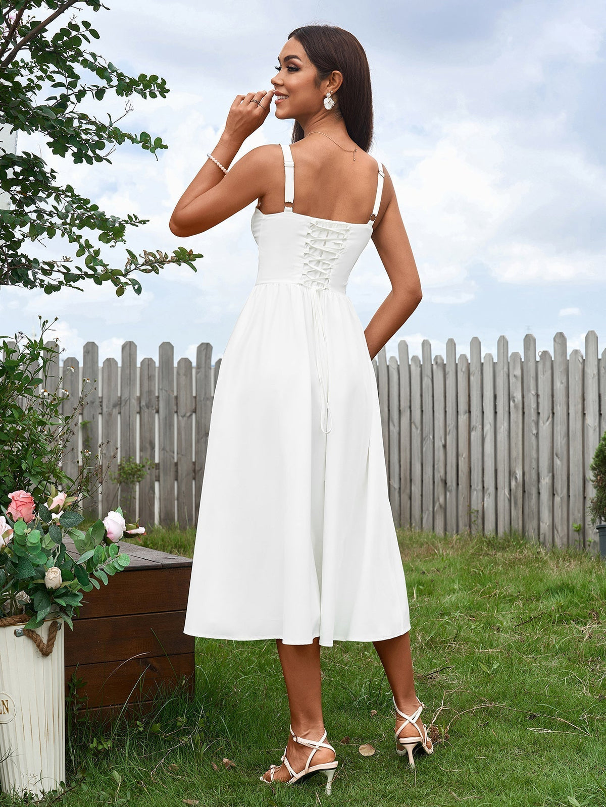 Spaghetti Strap Sweetheart Corset High Split A-Line Midi Dress - View 2
