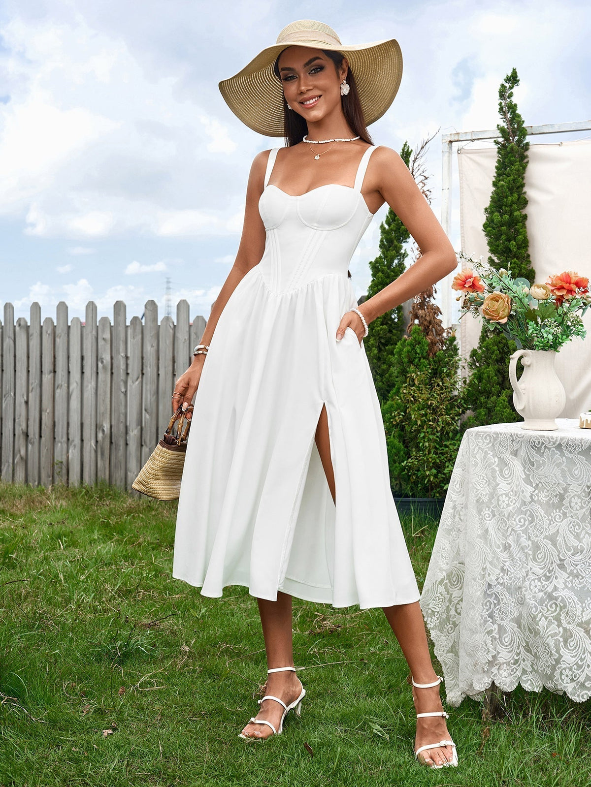 Spaghetti Strap Sweetheart Corset High Split A-Line Midi Dress