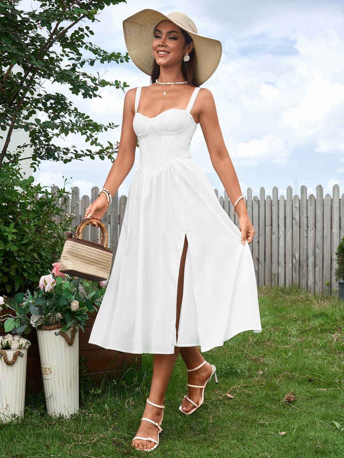Spaghetti Strap Sweetheart Corset High Split A-Line Midi Dress - View 4