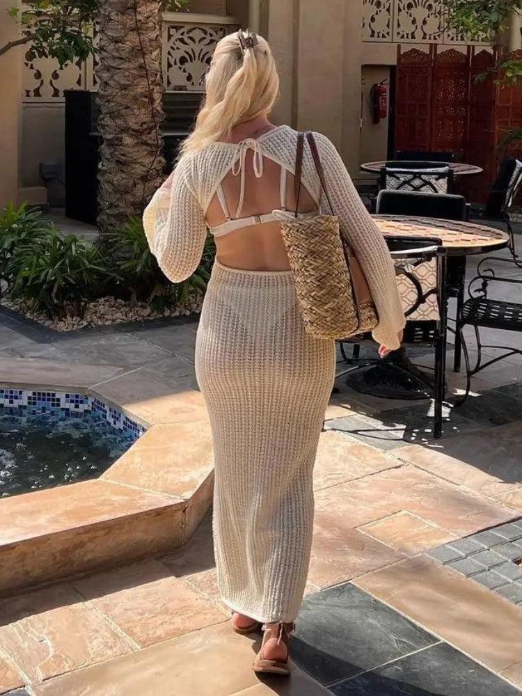 Crochet Deep V-Neck Long Sleeve Rosette Keyhole Cut Out Maxi Dress - View 2