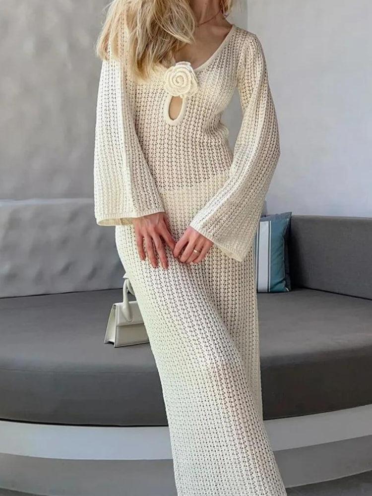Crochet Deep V-Neck Long Sleeve Rosette Keyhole Cut Out Maxi Dress - View 4