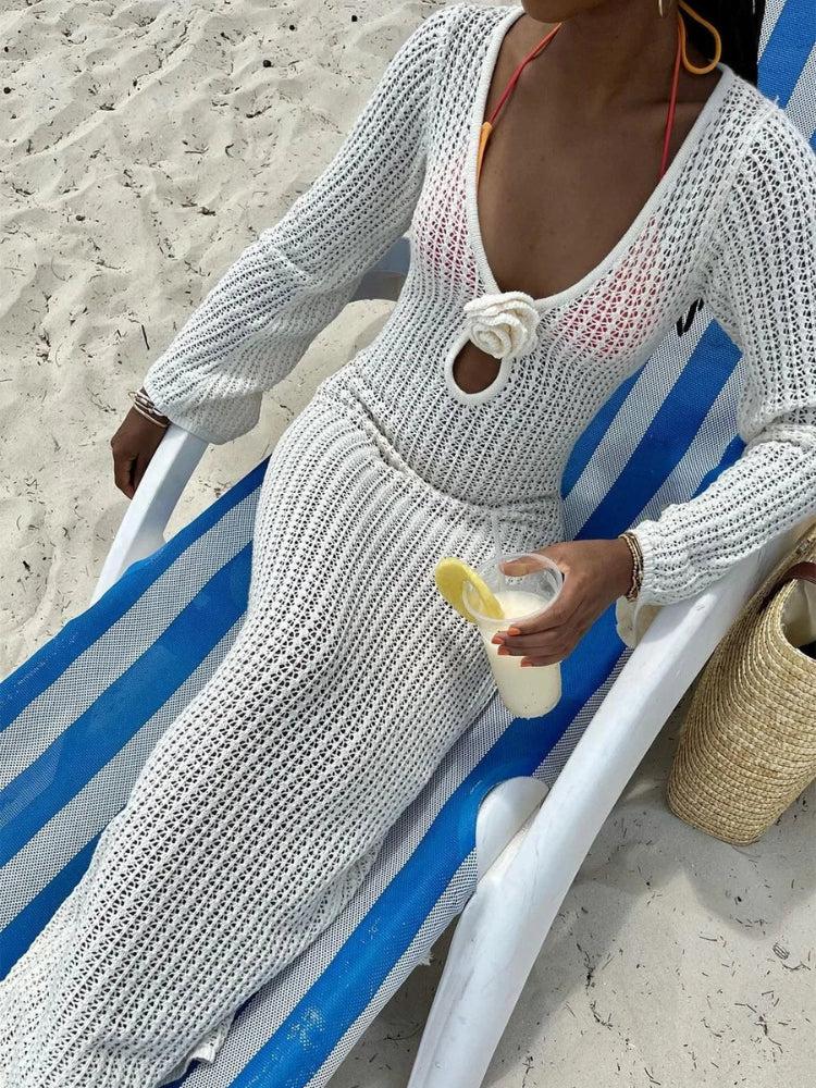 Crochet Deep V-Neck Long Sleeve Rosette Keyhole Cut Out Maxi Dress - View 5
