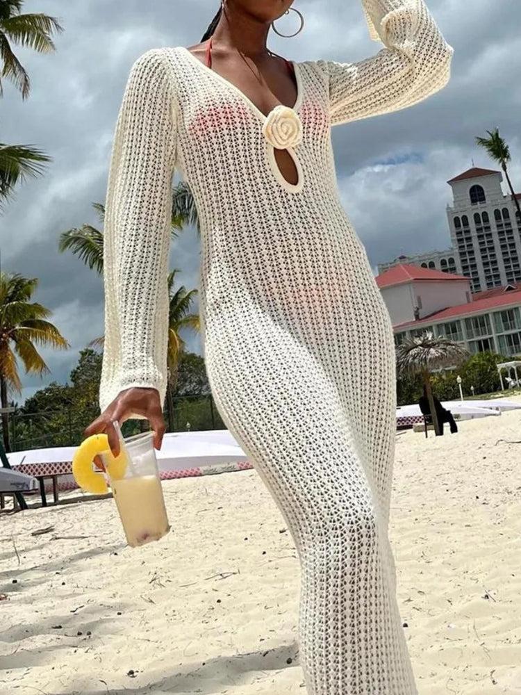 Crochet Deep V-Neck Long Sleeve Rosette Keyhole Cut Out Maxi Dress - View 6
