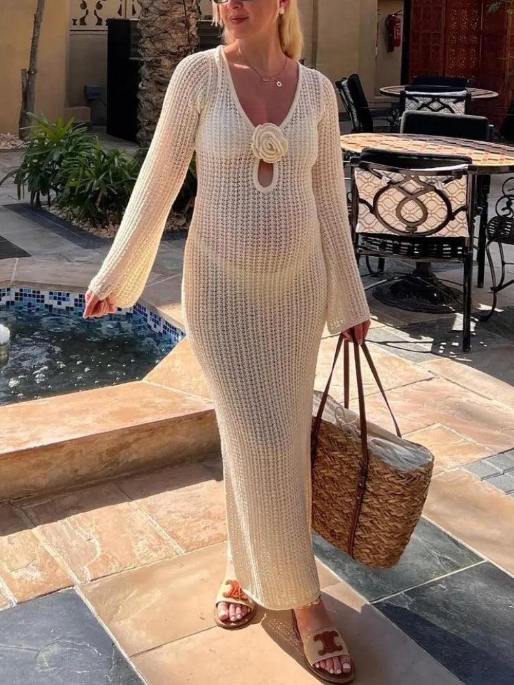 Crochet Deep V-Neck Long Sleeve Rosette Keyhole Cut Out Maxi Dress