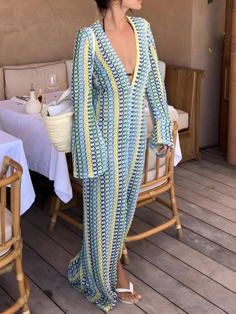 Crochet Striped Deep V-Neck Long Sleeve High Split Maxi Dress - View 2