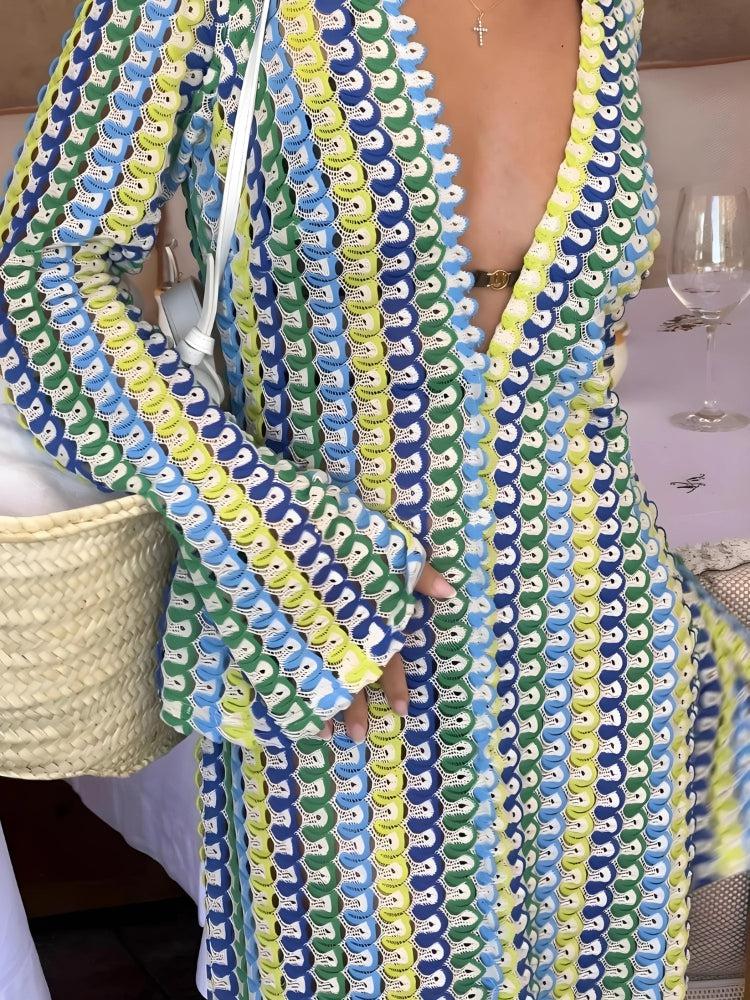 Crochet Striped Deep V-Neck Long Sleeve High Split Maxi Dress - View 3