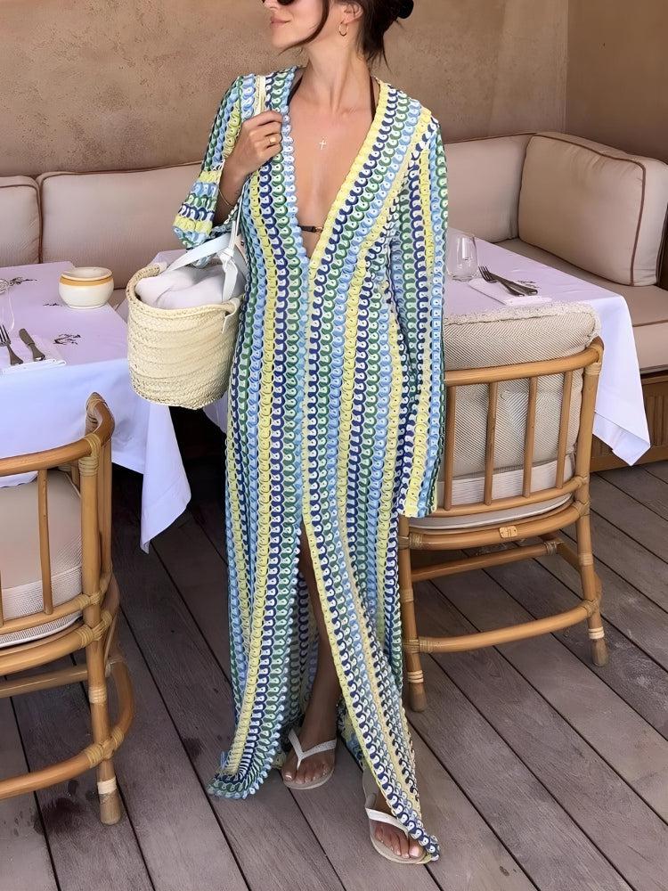 Crochet Striped Deep V-Neck Long Sleeve High Split Maxi Dress
