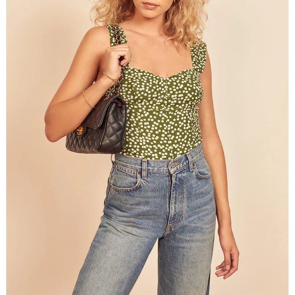 Polka Dot Sweetheart Neck Smocked Sleeveless Fitted Crop Top