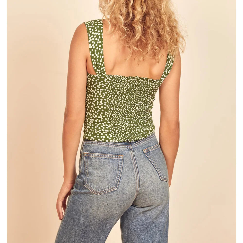 Polka Dot Sweetheart Neck Smocked Sleeveless Fitted Crop Top