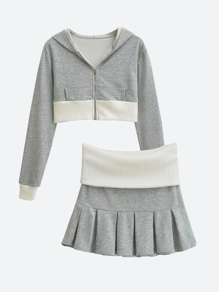 Cropped Hoodie & Mini Skirt Two Piece Set - Fashionpara