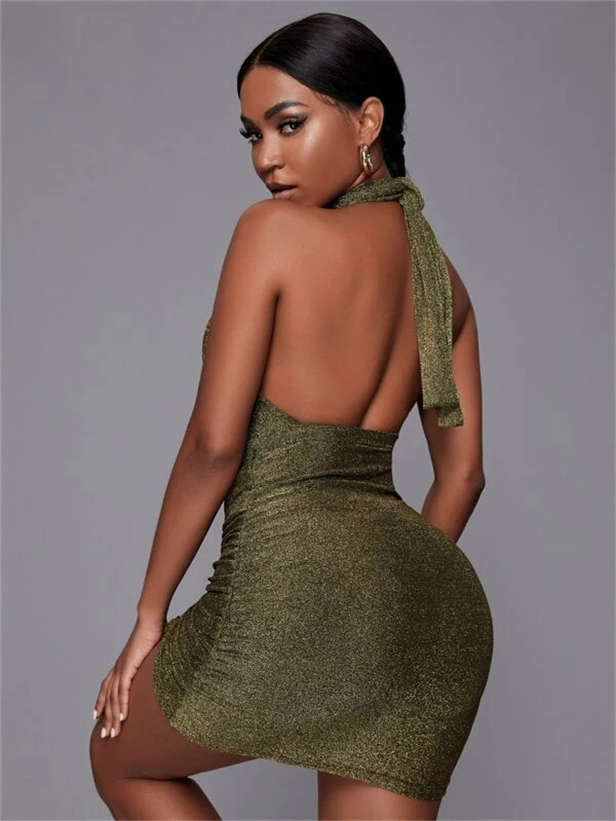 KittenAlarm - Cut Out Drawstring Side Backless Knot Glitter Bodycon Dress