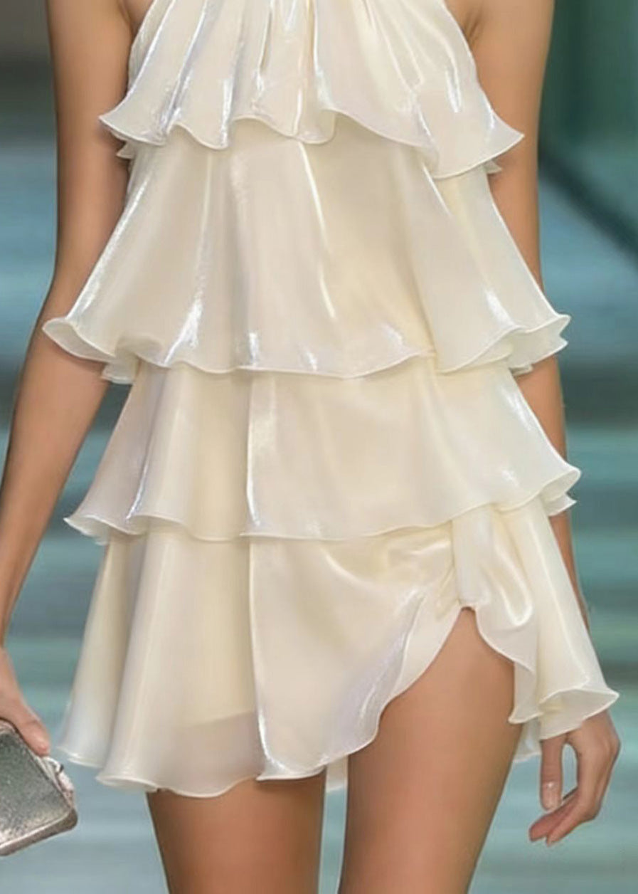 Cute Apricot Layered Ruffled Patchwork Chiffon Mini Dresses Summer - View 4