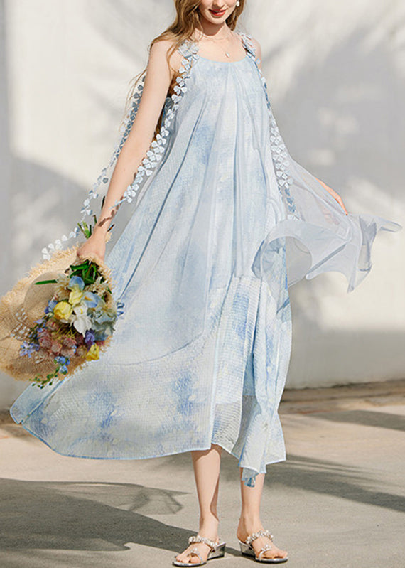 Square Neck Spaghetti Strap Floral Applique Flowy Maxi Dress