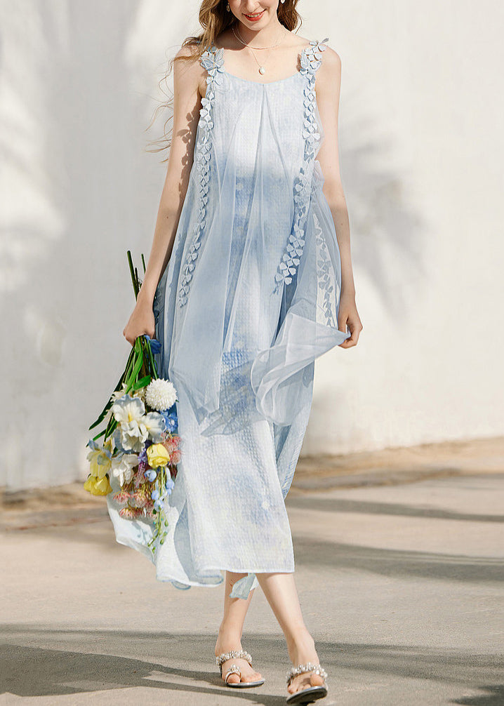 Square Neck Spaghetti Strap Floral Applique Flowy Maxi Dress - View 3