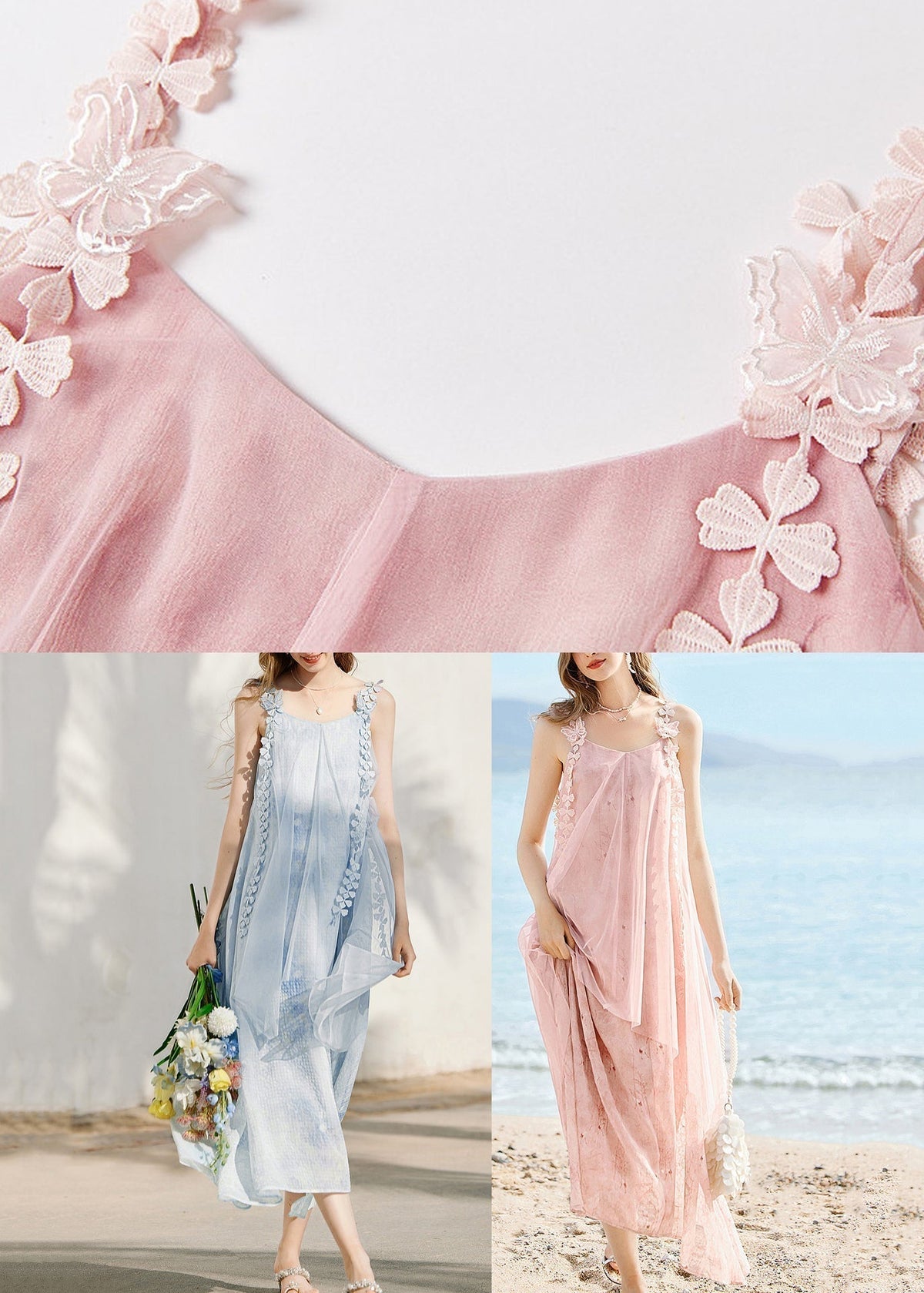 Square Neck Spaghetti Strap Floral Applique Flowy Maxi Dress - View 5