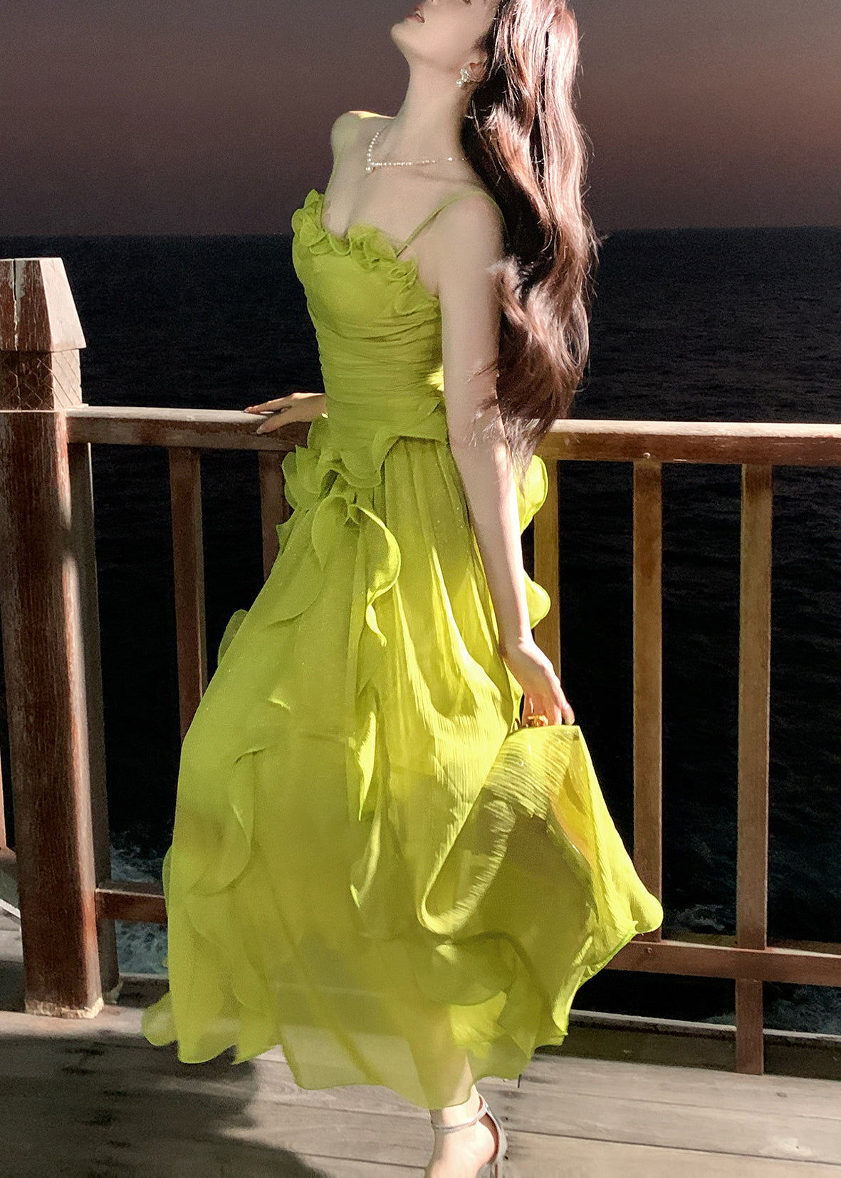 Cute Green Ruffled Patchwork Wrinkled Tulle Long Spaghetti Strap Dresses Sleeveless - View 4