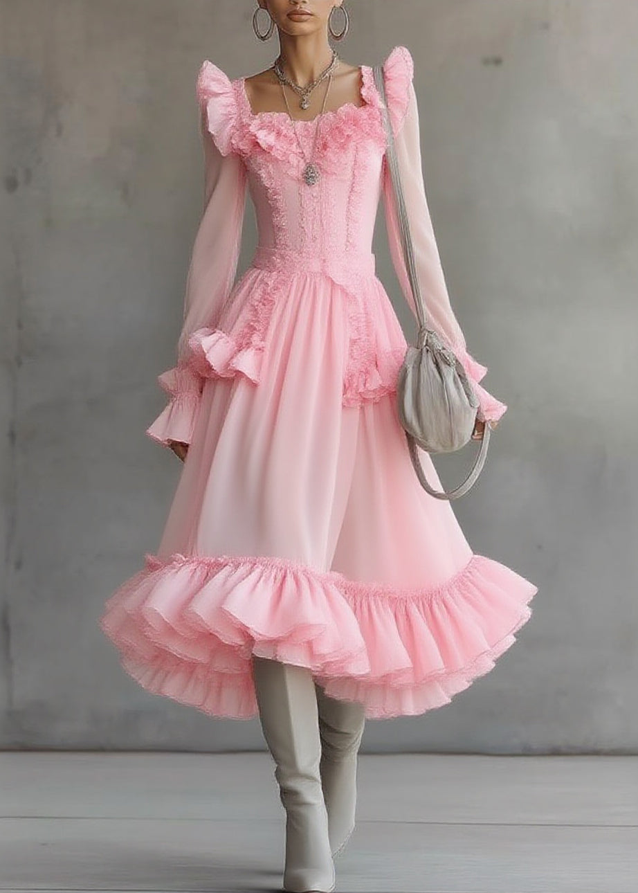 Cute Pink Square Collar Ruffled Patchwork Tulle Maxi Dress - View 5