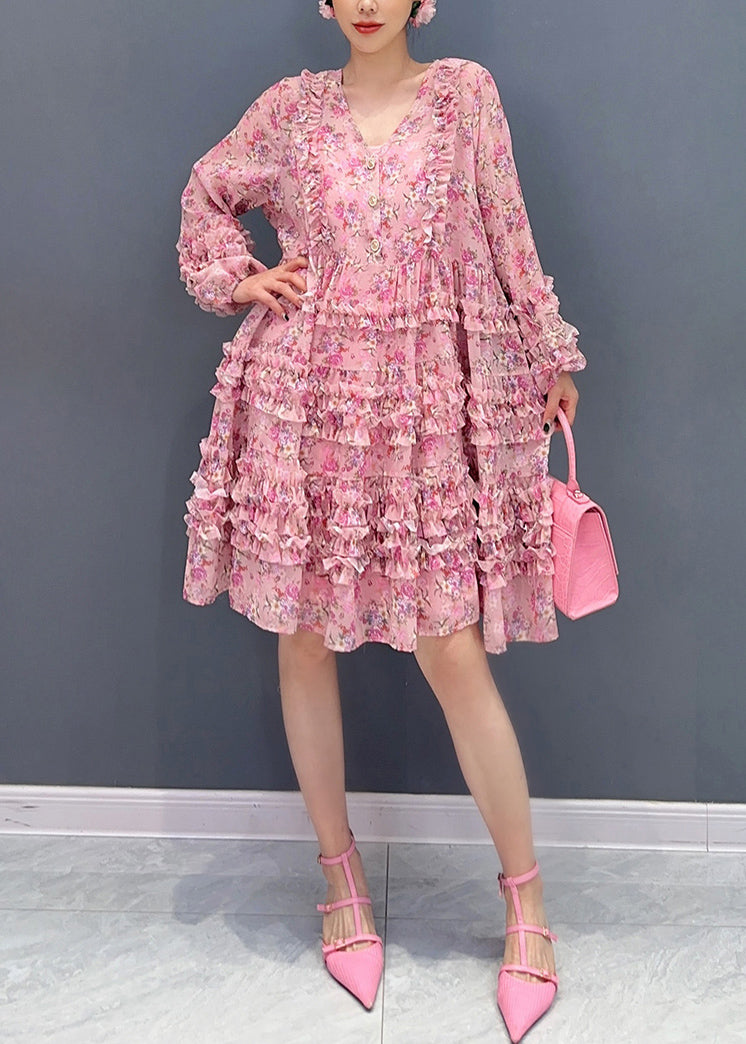 Cute Pink V Neck Ruffled Patchwork Print Chiffon Mid Dress Long Sleeve - View 2
