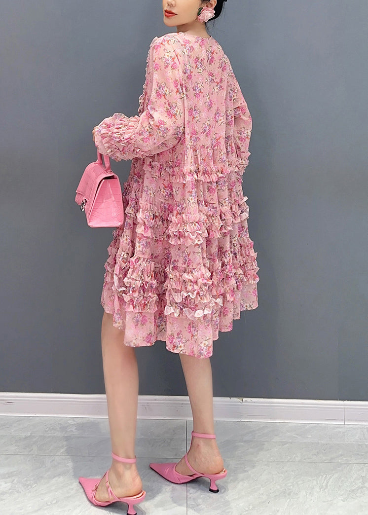 Cute Pink V Neck Ruffled Patchwork Print Chiffon Mid Dress Long Sleeve - View 5