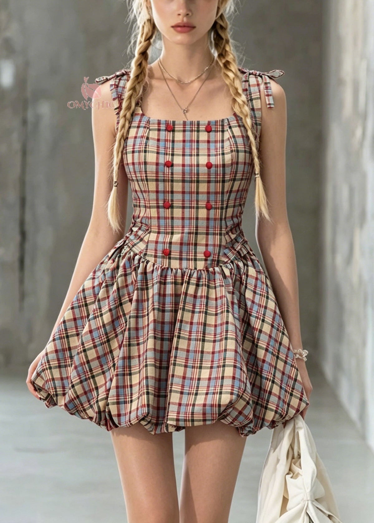 Cute Square Collar Plaid Lace Up Cotton Mini Dress Summer - View 3