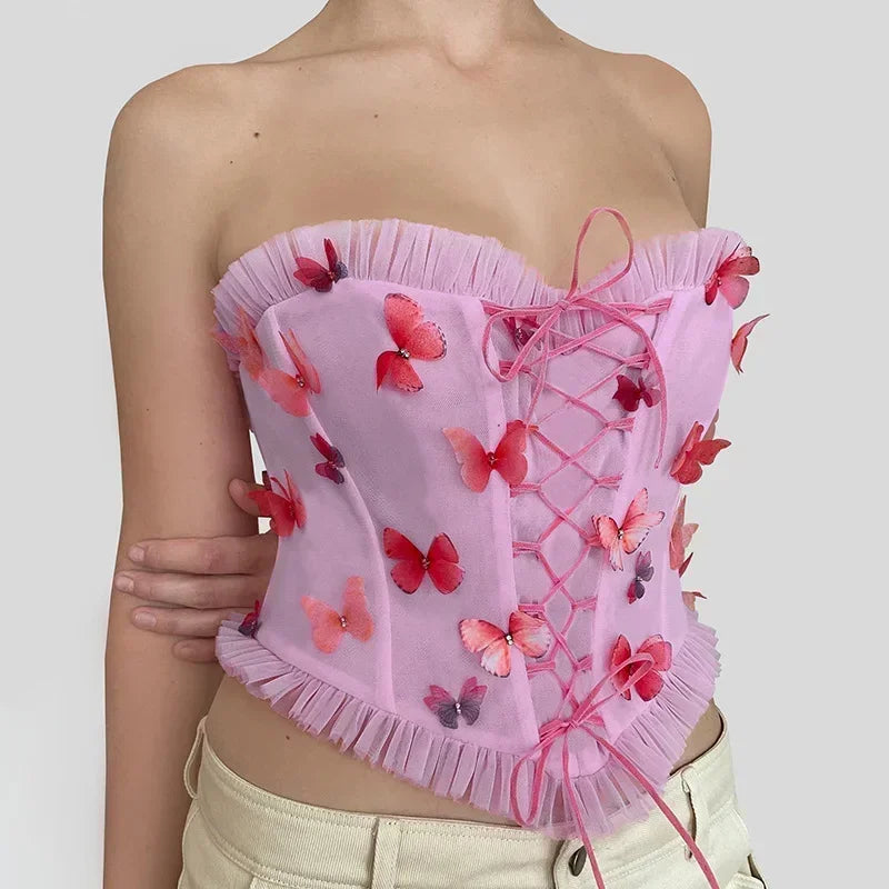 Colorful Butterfly Appliques Mesh Ruffle Crop Top