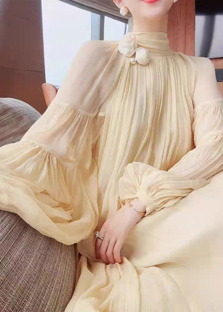 Chiffon Crinkled Mock Neck Lantern Sleeve Pearl Rosette Maxi Gown - View 3