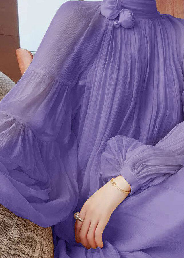 Chiffon Crinkled Mock Neck Lantern Sleeve Pearl Rosette Maxi Gown - View 4