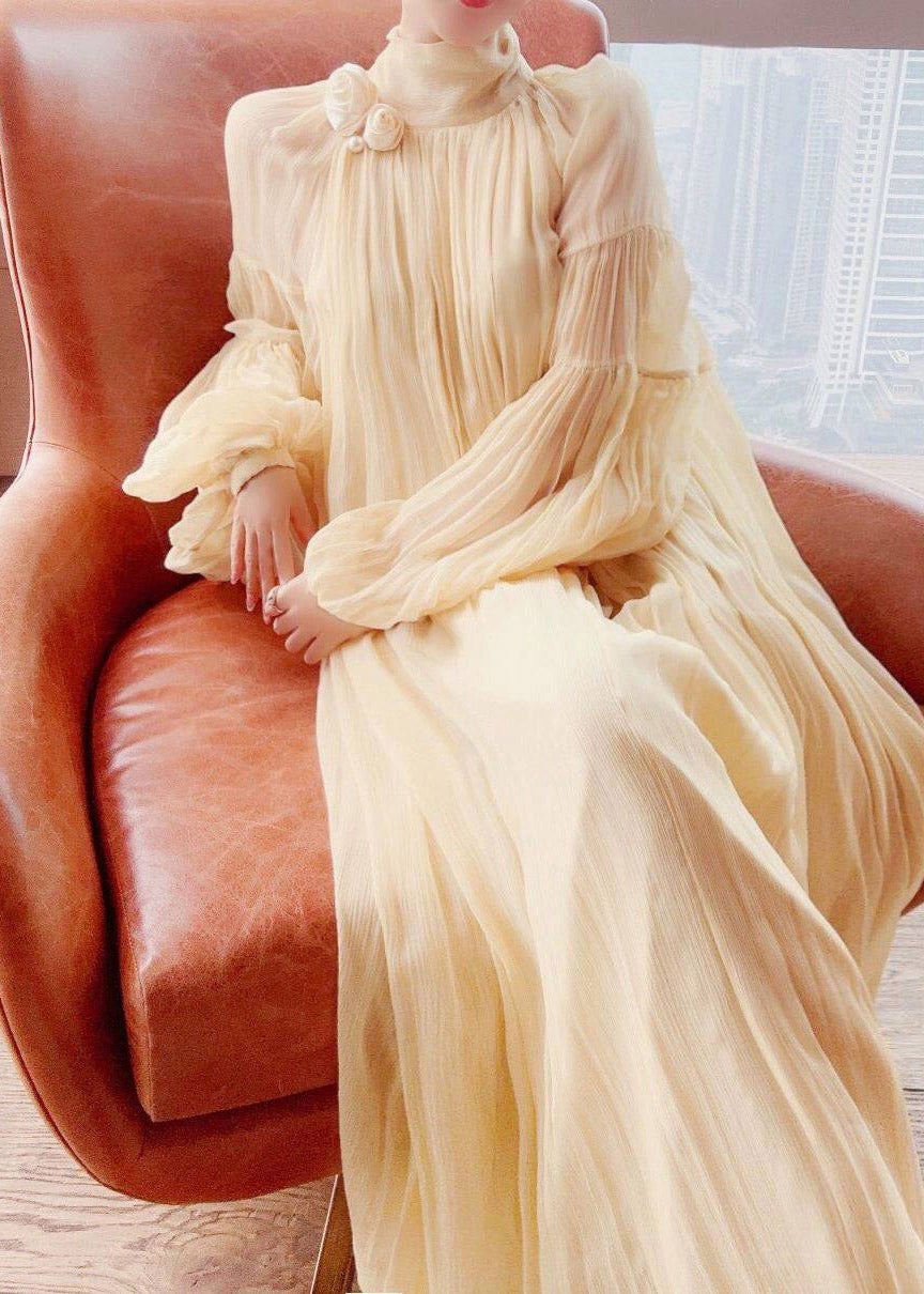 Chiffon Crinkled Mock Neck Lantern Sleeve Pearl Rosette Maxi Gown