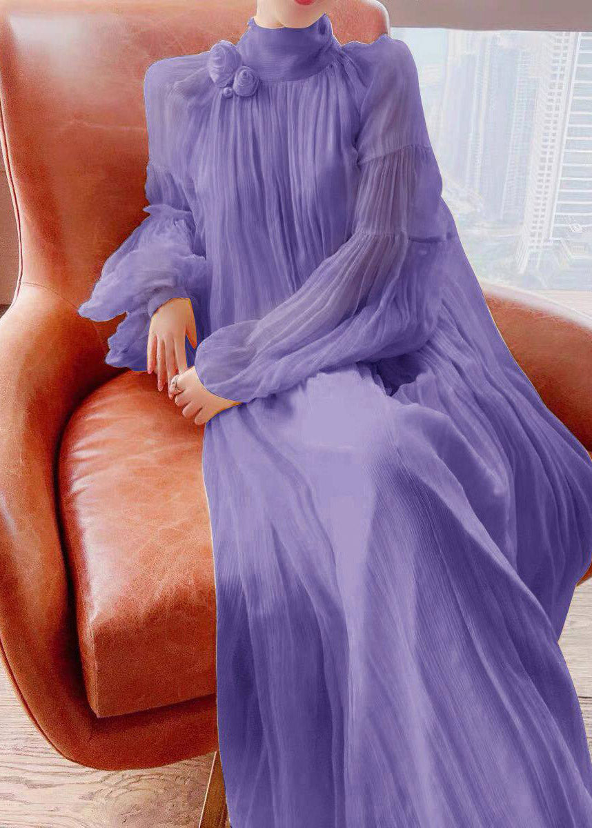 Chiffon Crinkled Mock Neck Lantern Sleeve Pearl Rosette Maxi Gown - View 2