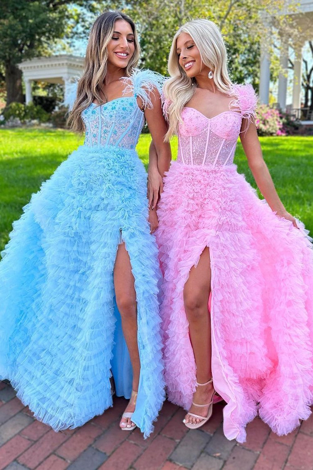 Cute A-Line Feather Straps Long Ruffle Prom Dress With Split