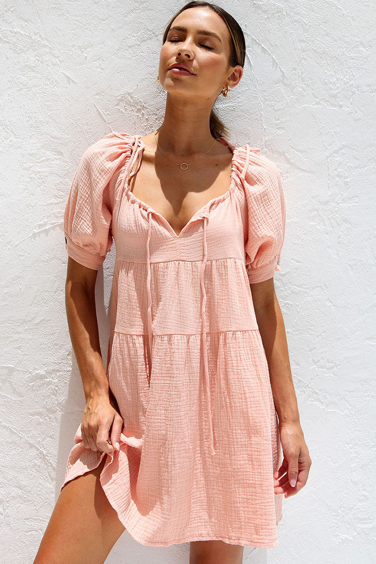 Crinkle Cotton Tie-Neck Puff Sleeve Babydoll Mini Dress 2