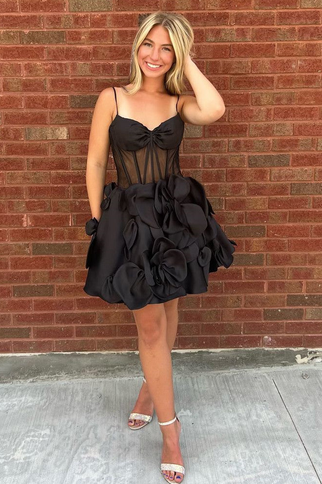 Cute A-Line Spaghetti Straps Short Satin Homecoming Dress With Flowers