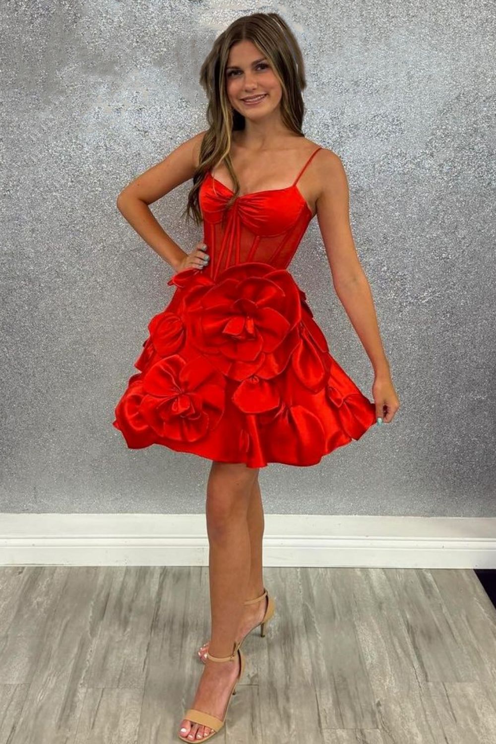 Cute A-Line Spaghetti Straps Short Satin Homecoming Dress With Flowers
