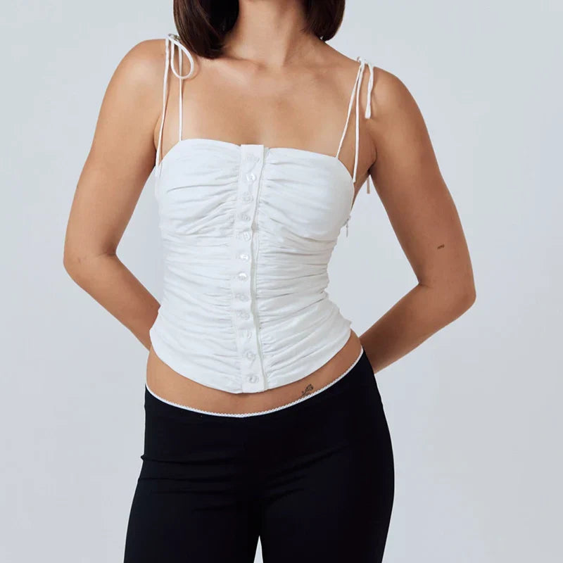 Cutest Backless Summer White Tank Vintage Buttons Ruched Tie-Up Y2K Crop Top