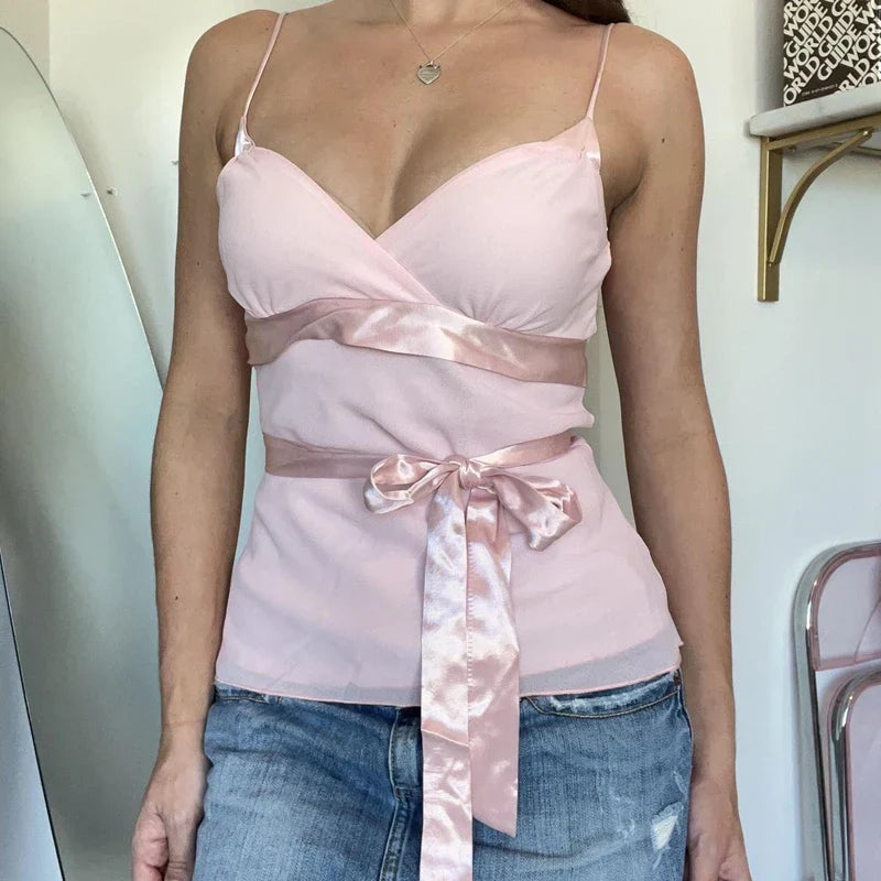 Baby Pink Babydoll Satin Ribbon Bowknot Fairy Sleeveless Y2K Crop Top