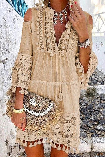 Cutout Shoulder Lace Tasseled Short Dress - Mislish