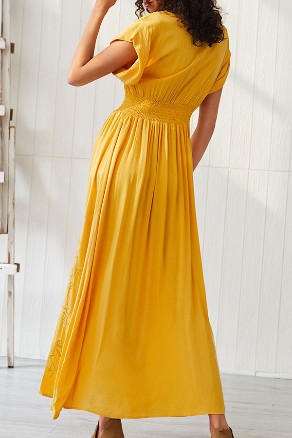 Yellow Slit Embroidered Maxi Dress