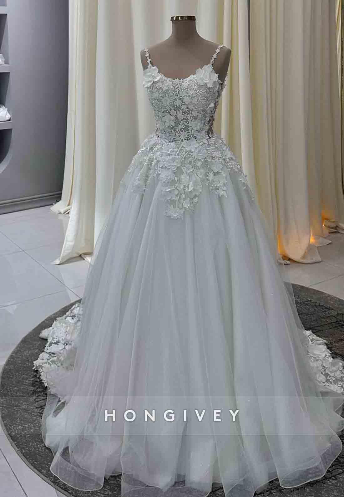 A-Line Sleeveless Flowers Tulle Beading Empire Court Train Wedding Dresses