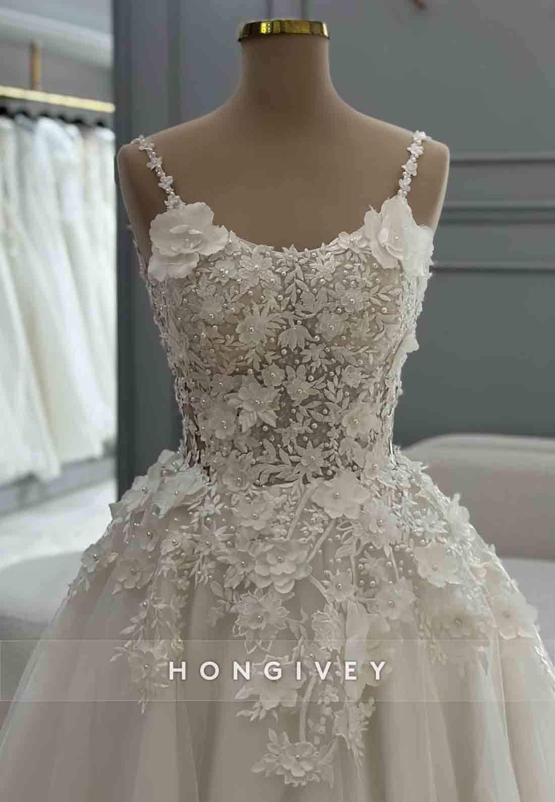 A-Line Sleeveless Flowers Tulle Beading Empire Court Train Wedding Dresses