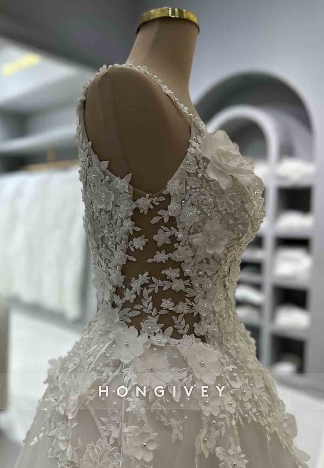 A-Line Sleeveless Flowers Tulle Beading Empire Court Train Wedding Dresses